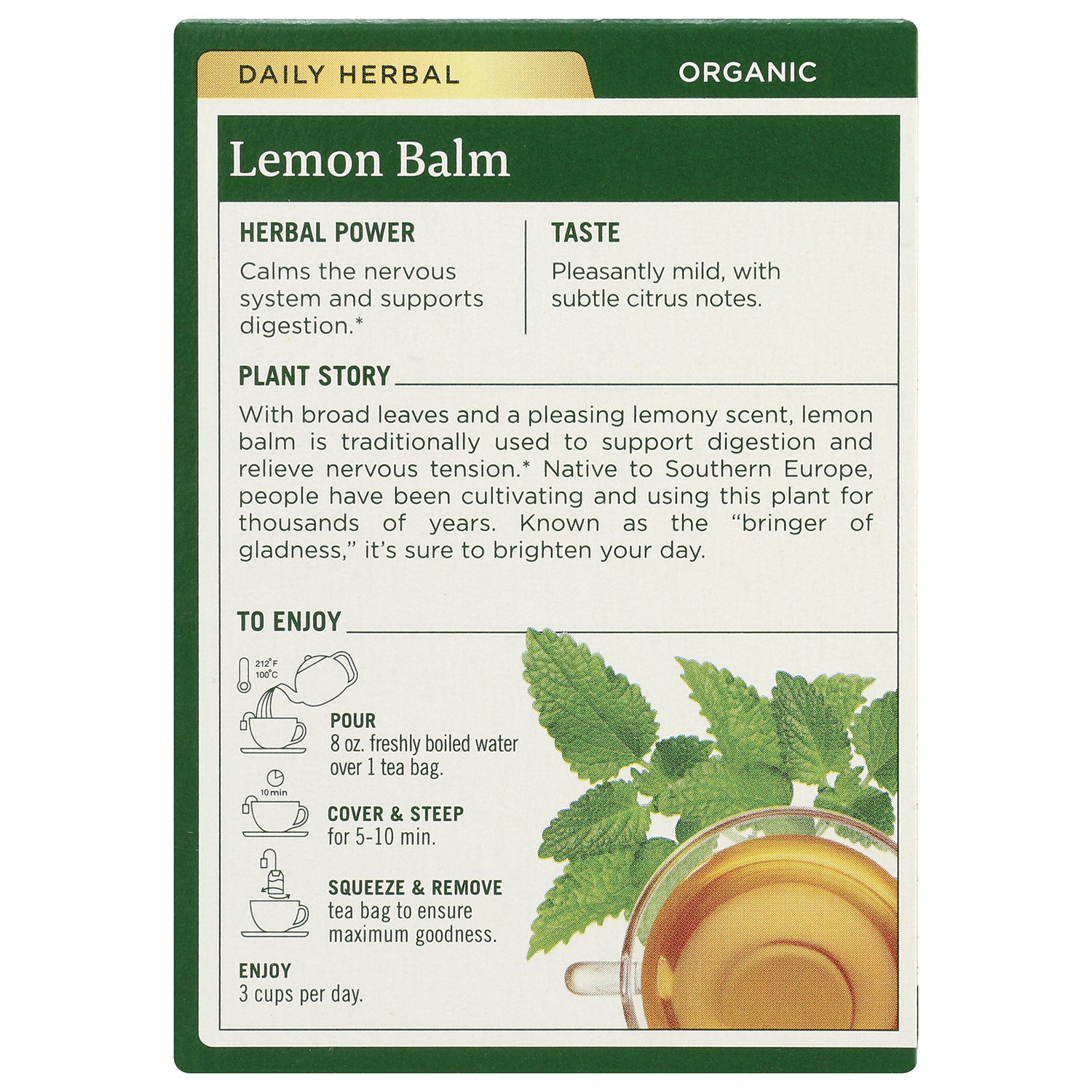 TMD050 | Daily Herbal Organic Lemon Balm tea box back with herbal power, taste, plant story, and brewing directions