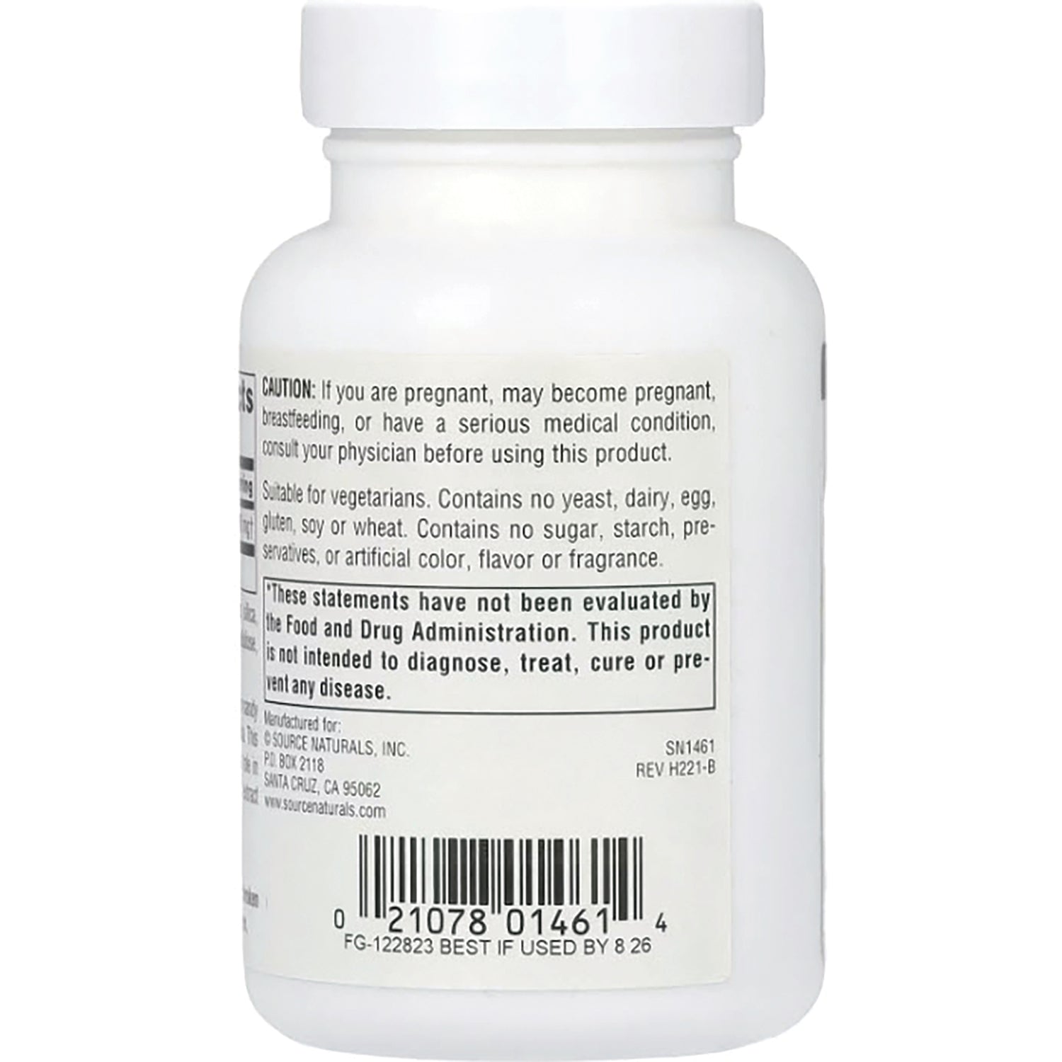 SN496 | Supplement bottle back label with caution text, vegetarian statement, FDA disclaimer, and barcode