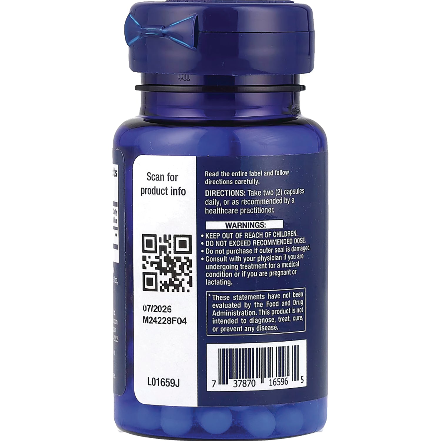 LE580 | back label of blue supplement bottle showing directions, warnings, QR code, expiration 07/2026 and barcode