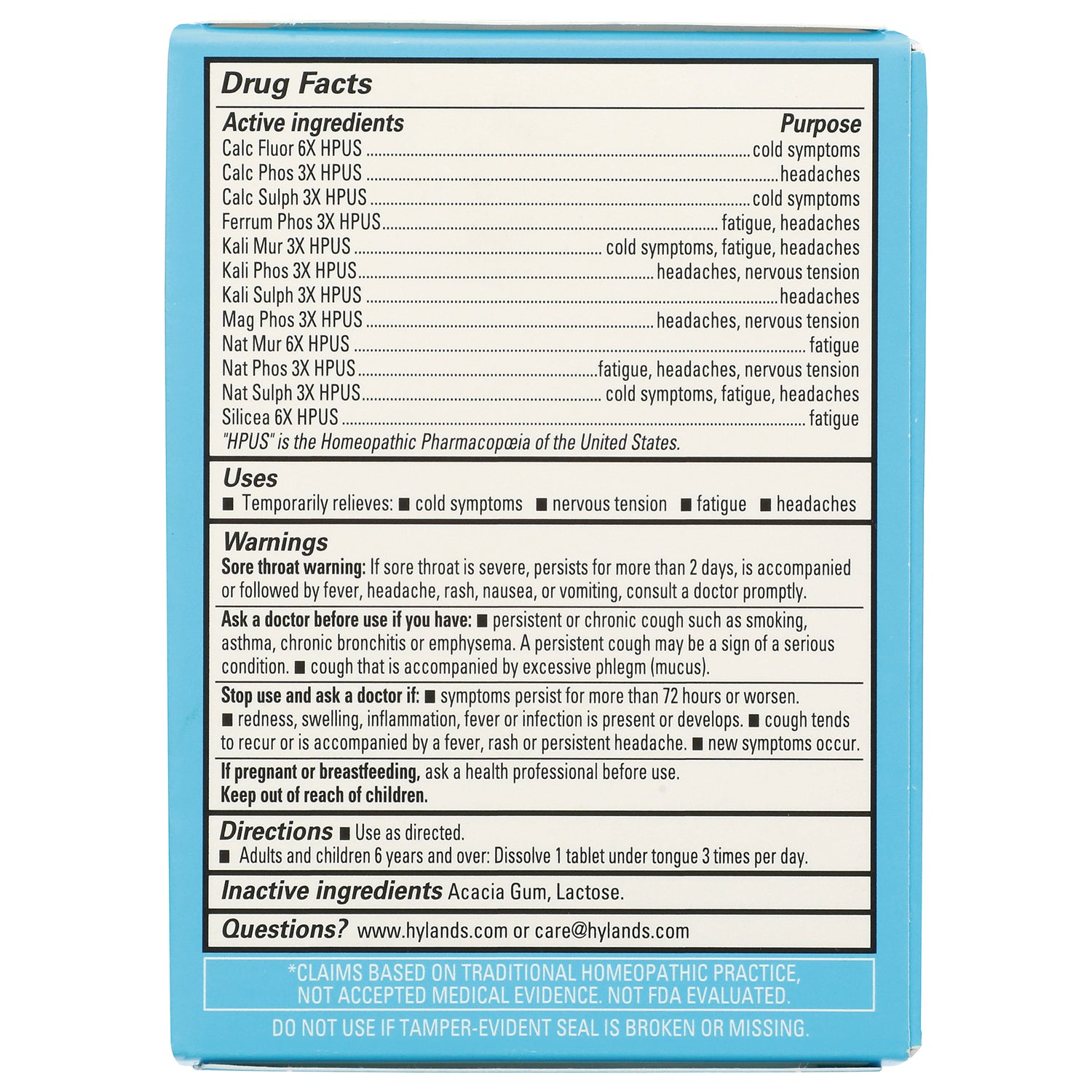 HY259 | back panel showing drug facts with active and inactive ingredients, uses, warnings, and directions
