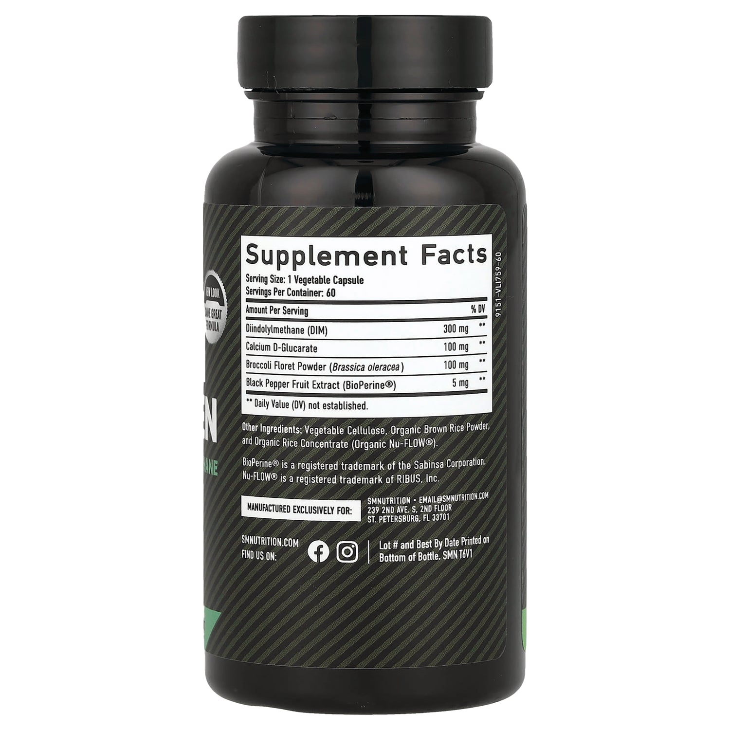 SMT009 | Back of black supplement bottle showing Supplement Facts panel with serving size and ingredient list