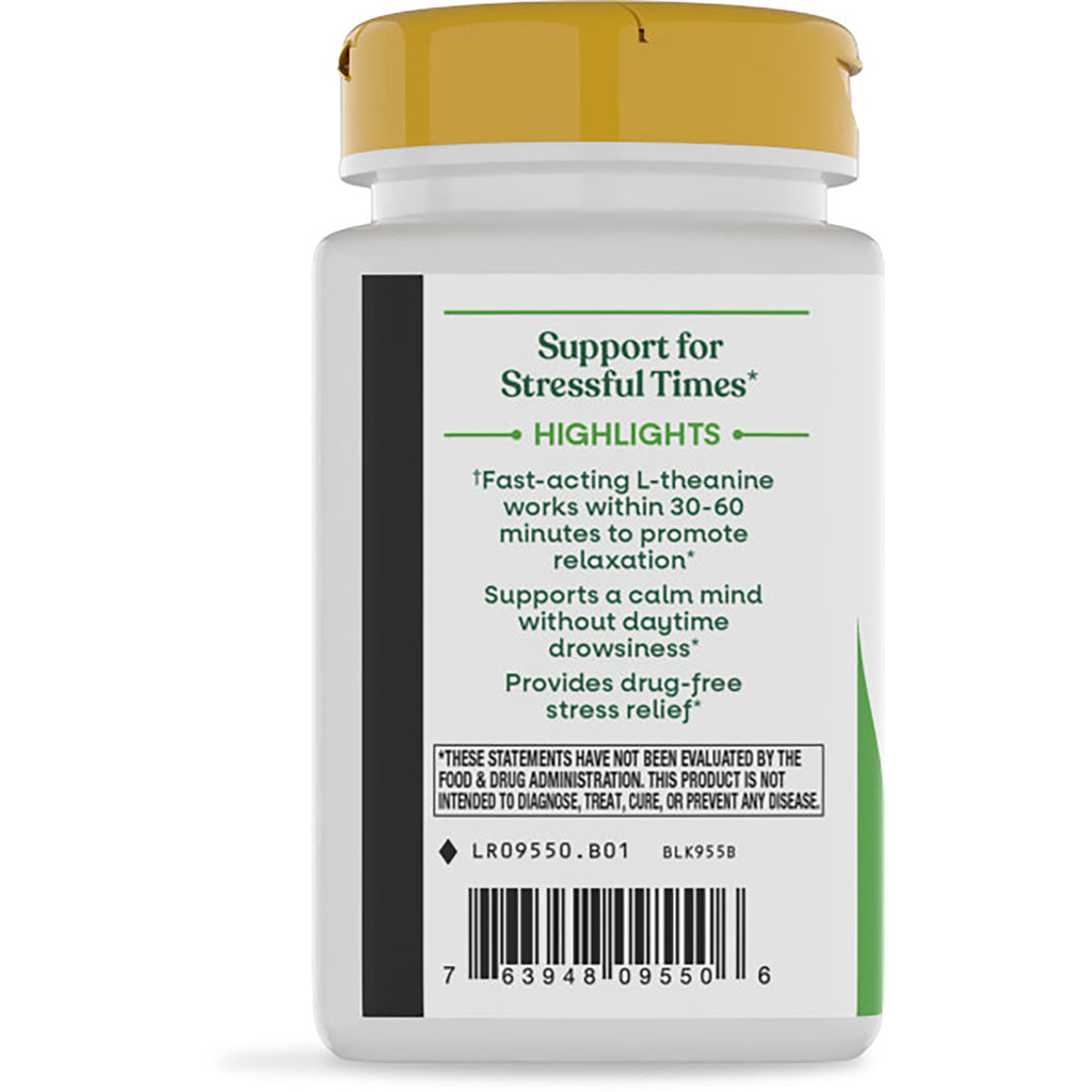ET391 | Back label of supplement bottle showing Support for Stressful Times heading, L-theanine highlights and barcode - Thumbnail