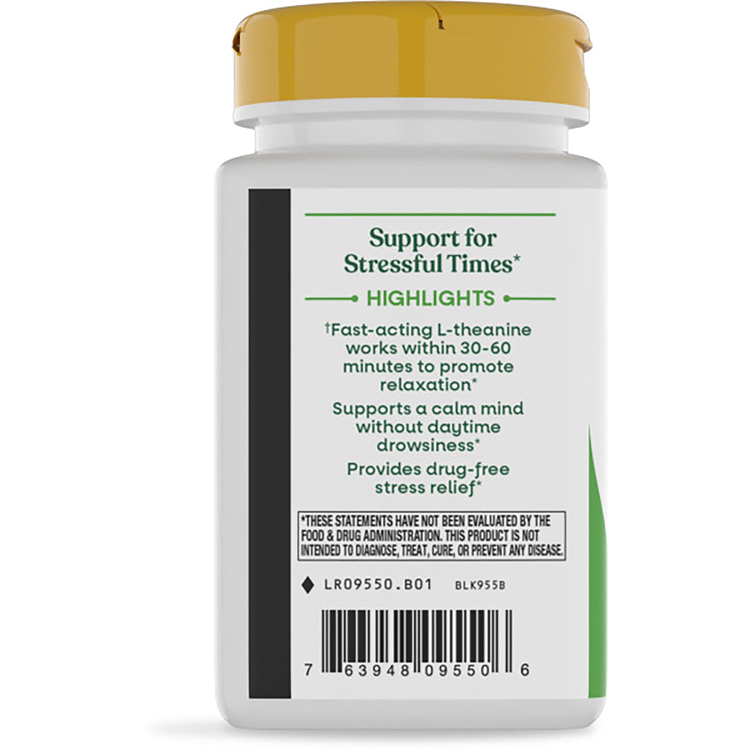 ET391 | Back label of supplement bottle showing Support for Stressful Times heading, L-theanine highlights and barcode