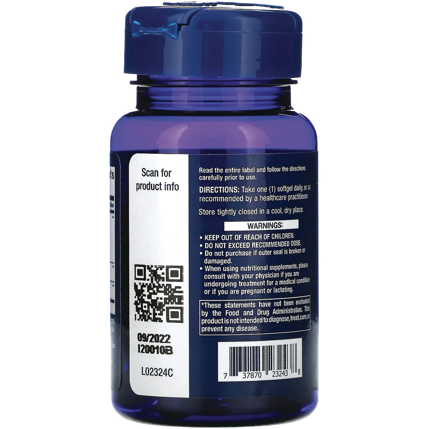LE576 | back of blue supplement bottle showing directions, warnings, QR code, and barcode