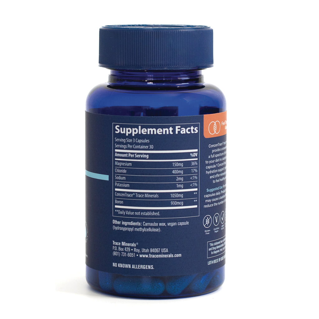 TM116 | Back of Trace Minerals supplement bottle showing Supplement Facts panel - Thumbnail