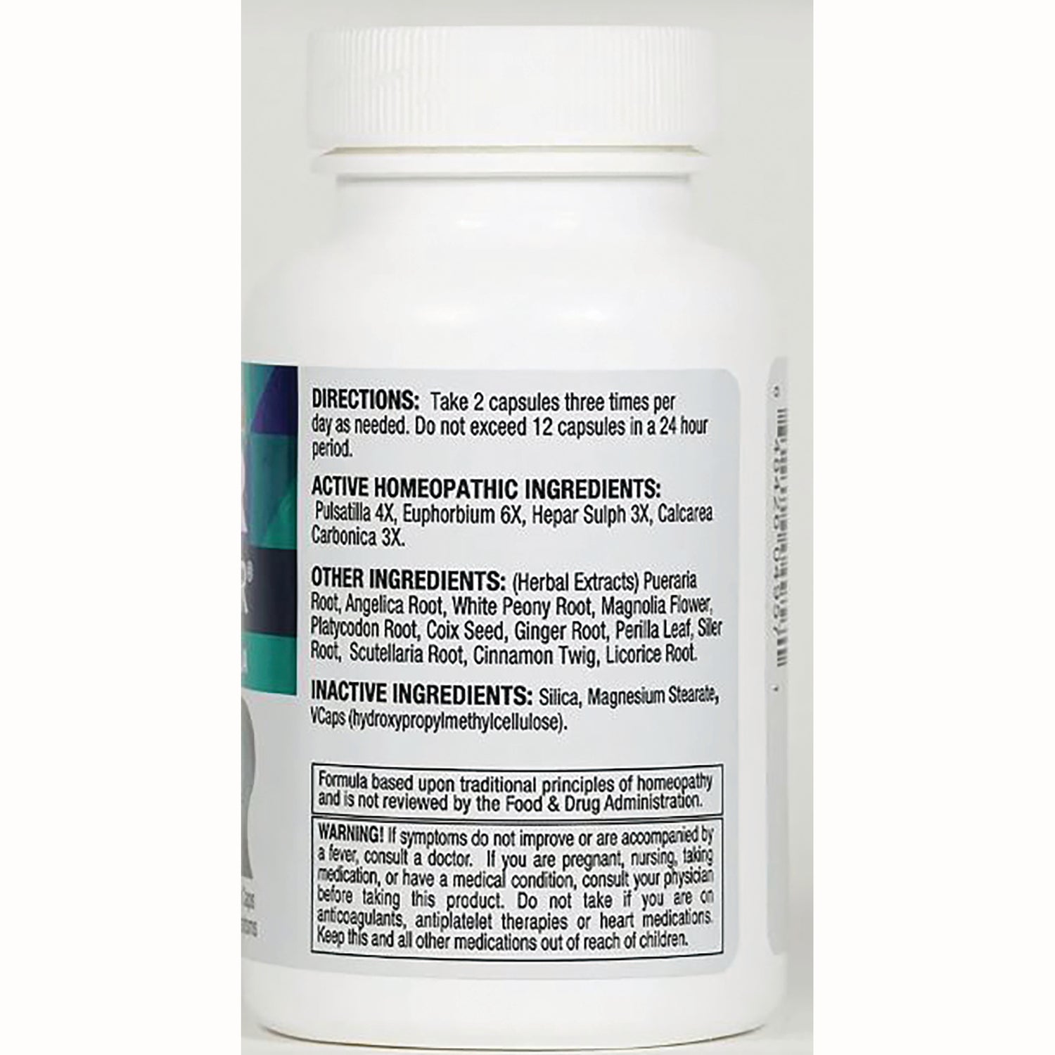 CLP008 | Back label of white supplement bottle showing directions, active and inactive ingredients and warning text
