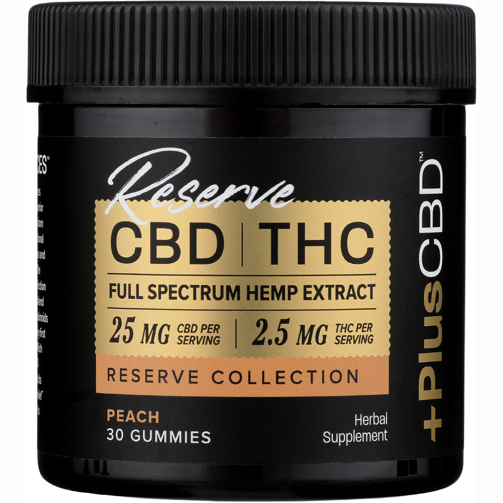 CV046 | Black jar labeled Reserve CBD | THC full spectrum hemp extract, 25 mg CBD and 2.5 mg THC per serving, peach 30 gummies - Thumbnail