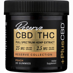 CV046 | Black jar labeled Reserve CBD | THC full spectrum hemp extract, 25 mg CBD and 2.5 mg THC per serving, peach 30 gummies