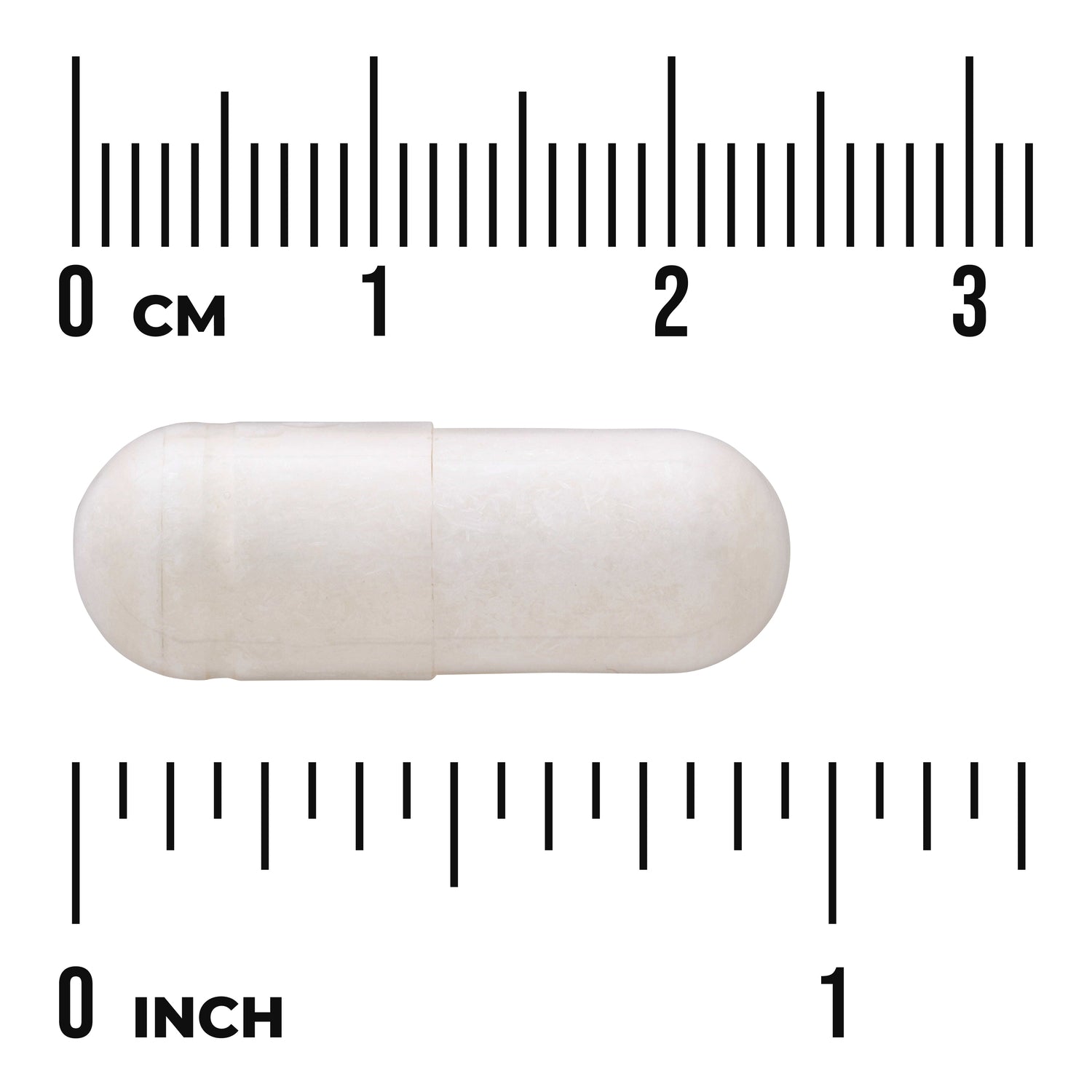 SWD078 | White capsule shown to scale with rulers in cm and inches