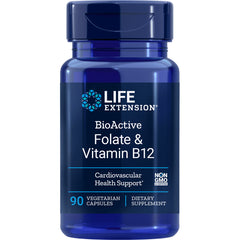 LE385 | Life Extension BioActive Folate & Vitamin B12 supplement bottle front label showing 90 vegetarian capsules