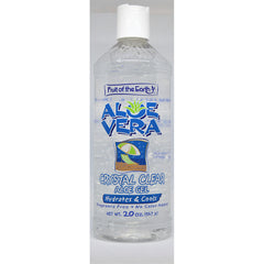 FE005 | Clear bottle of Fruit of the Earth Crystal Clear Aloe Gel 20 oz labeled Hydrates & Cools, fragrance free