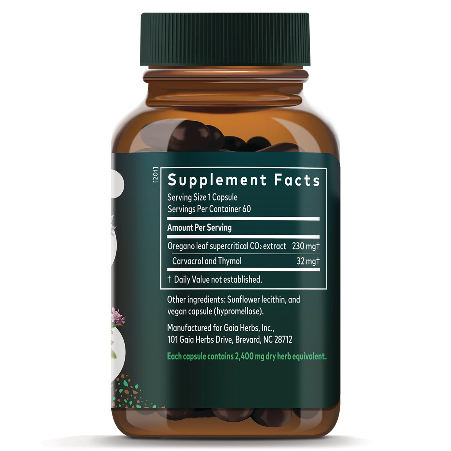 GH016 | Back of amber supplement bottle showing Supplement Facts label with serving size 1 capsule and ingredient list