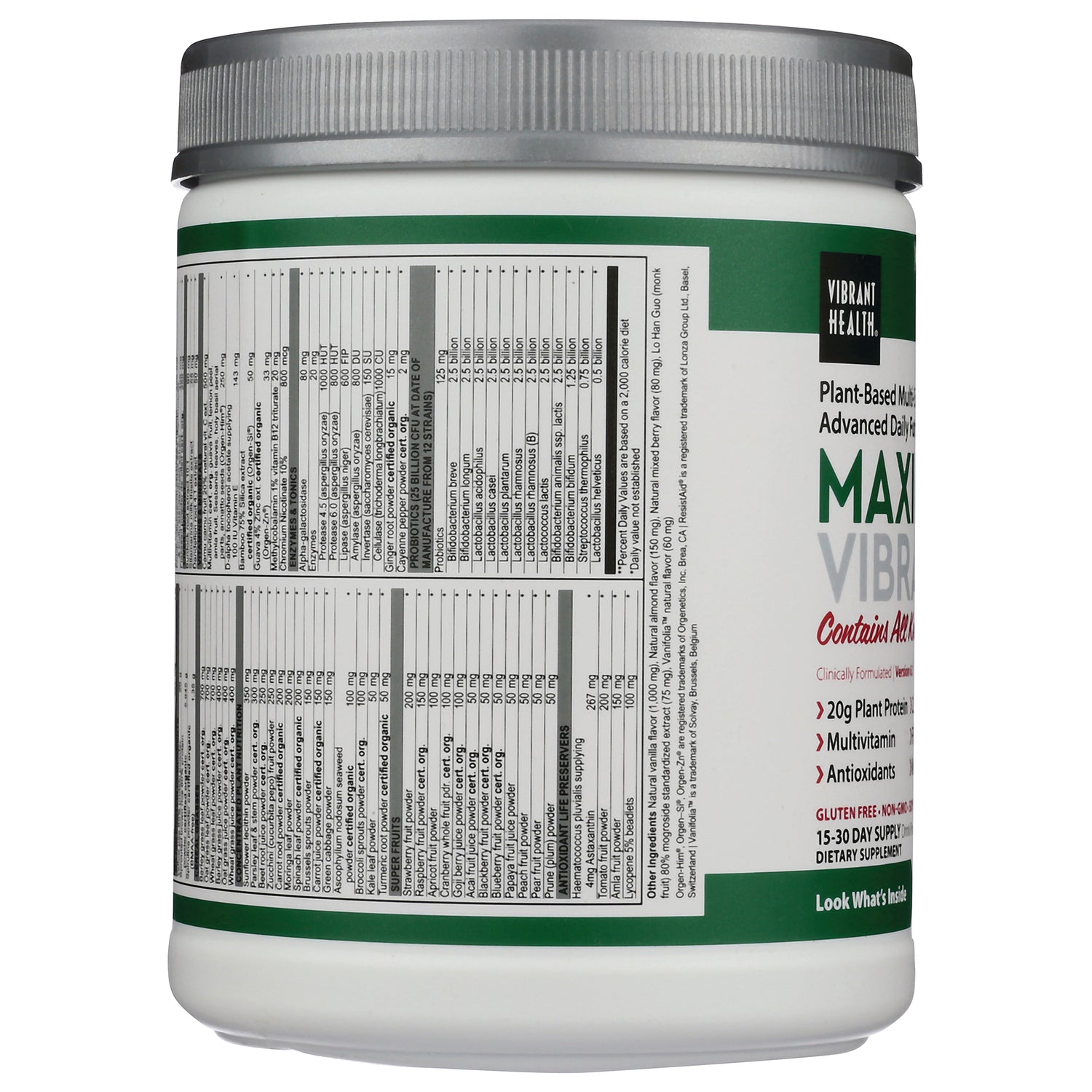 VH033 | Vibrant Health supplement tub back showing Supplement Facts and ingredients panel