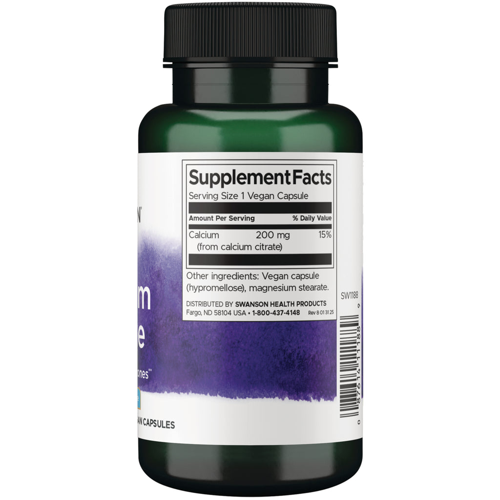 SW1188 | Back label with Supplement Facts: Serving Size 1 Vegan Capsule; Calcium 200 mg (from calcium citrate) - Thumbnail
