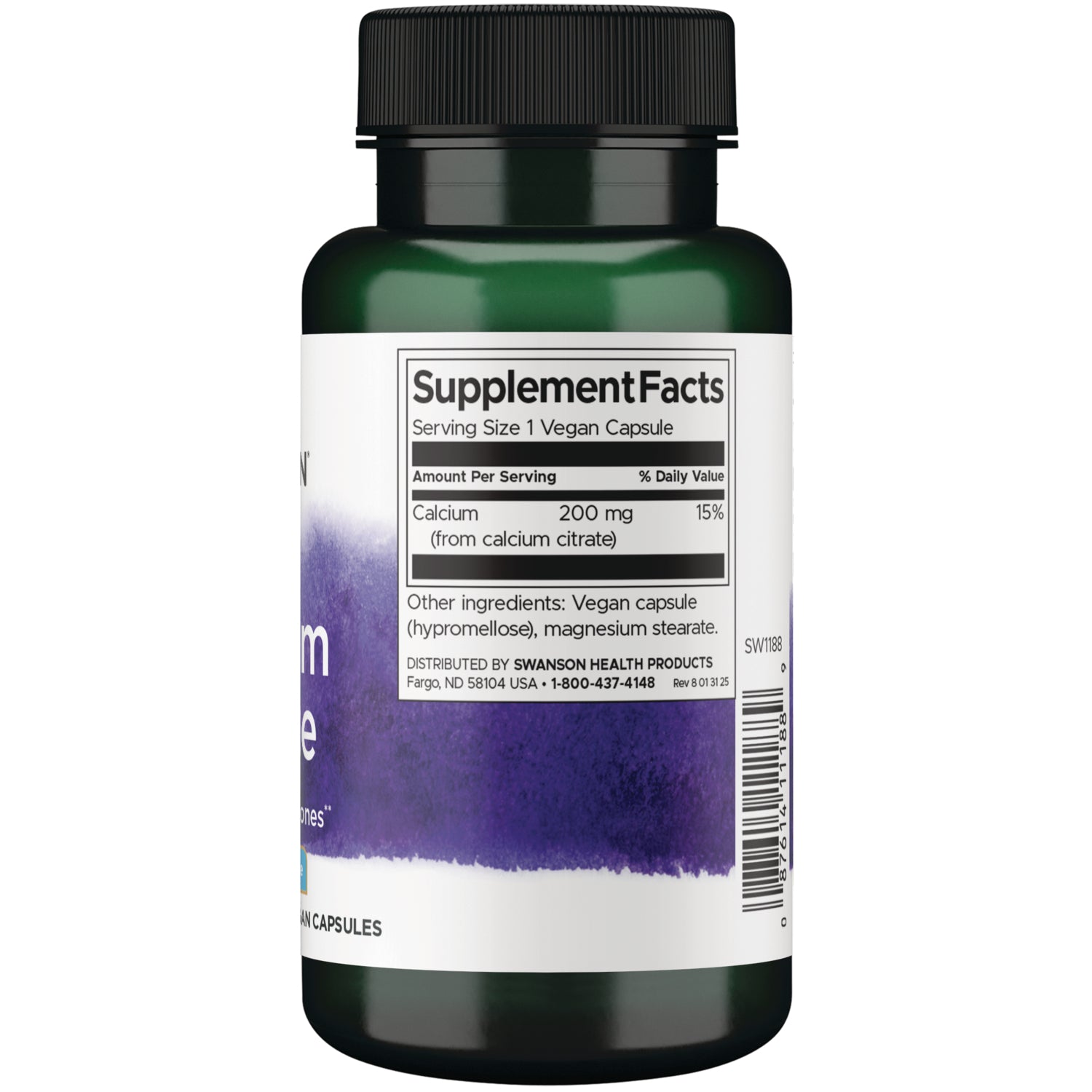 SW1188 | Back label with Supplement Facts: Serving Size 1 Vegan Capsule; Calcium 200 mg (from calcium citrate)