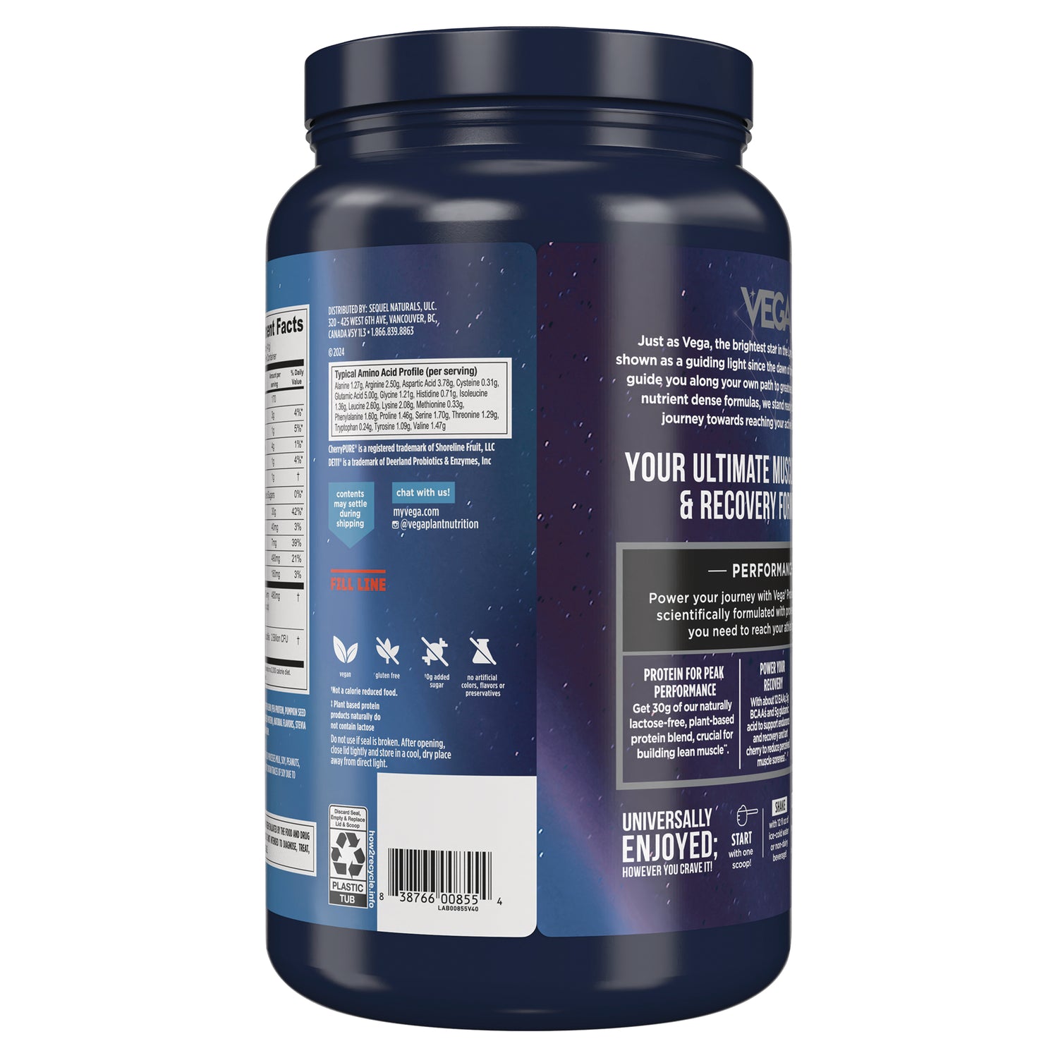 VGA005 | Back of Vega protein powder tub with label text, amino acid profile panel, icons, and barcode