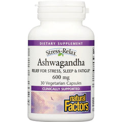 NFC155 | Bottle of Stress-Relax Ashwagandha 600 mg dietary supplement, 30 vegetarian capsules, Natural Factors label
