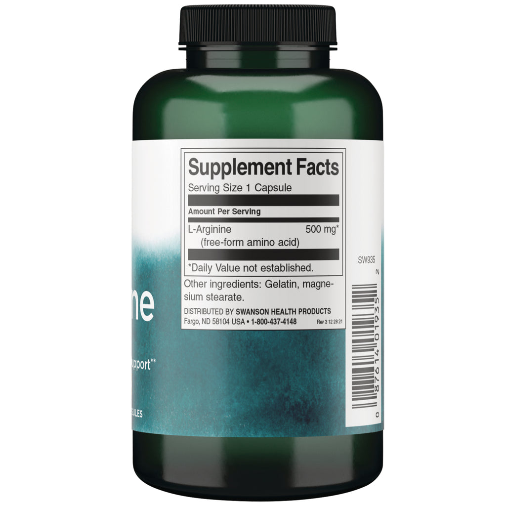 SW1078 | Back label with Supplement Facts for L-Arginine 500 mg, serving size 1 capsule - Thumbnail