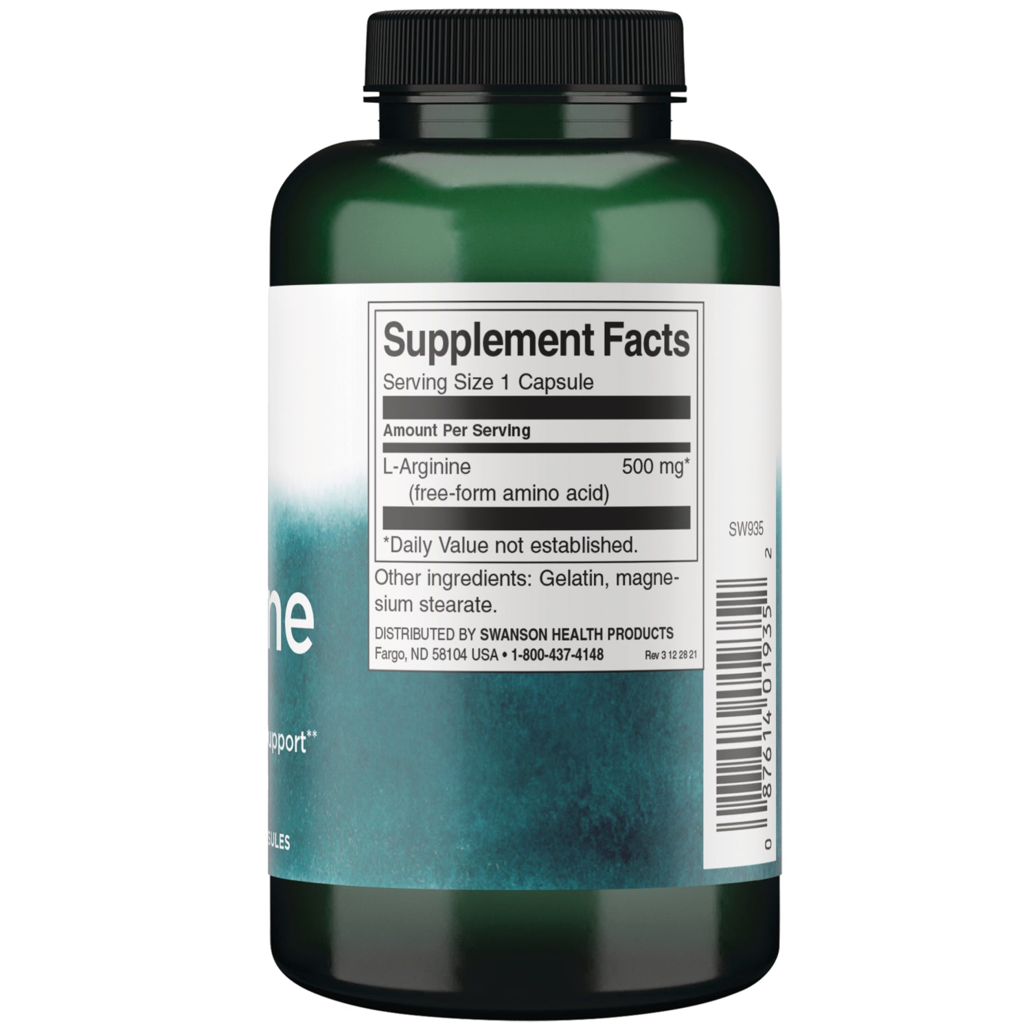 SW1078 | Back label with Supplement Facts for L-Arginine 500 mg, serving size 1 capsule