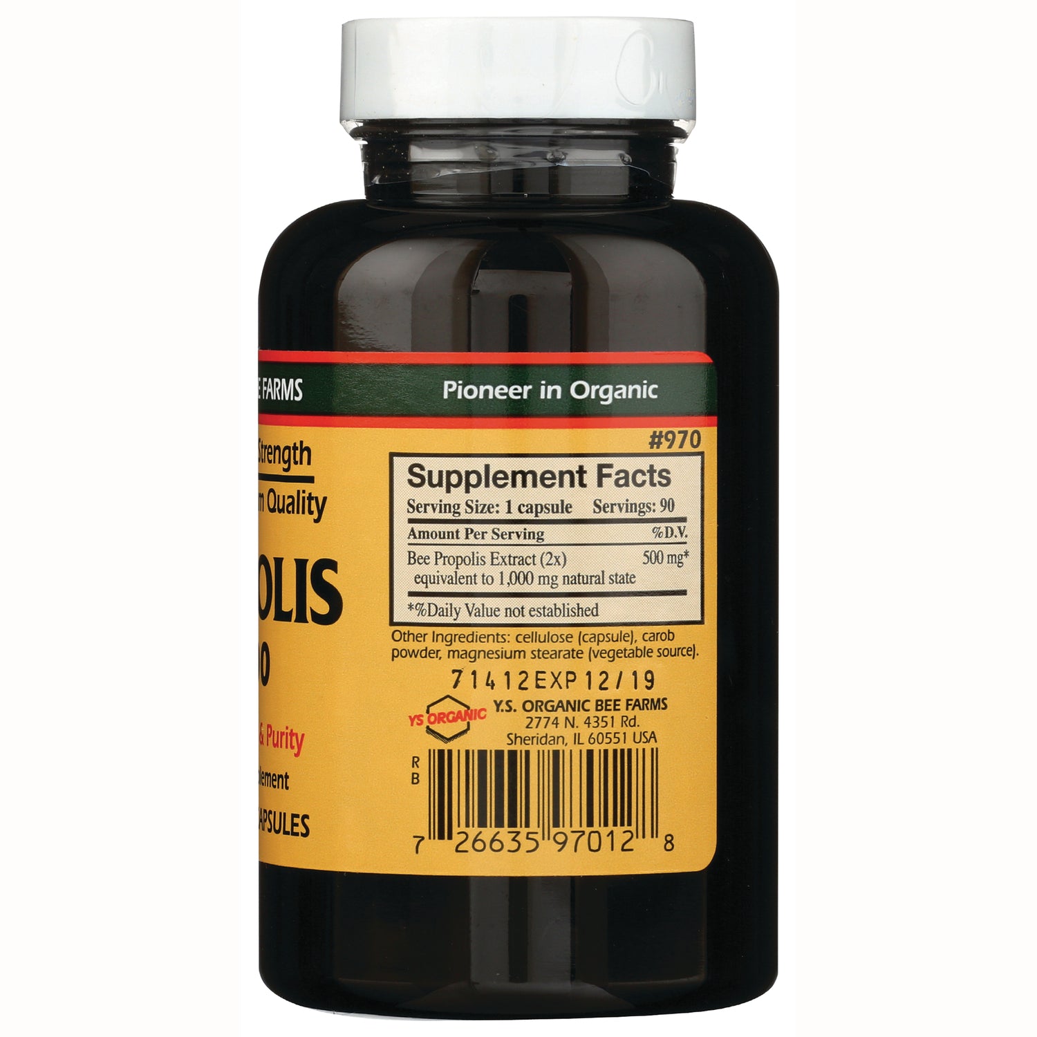 YS013 | Back label with Supplement Facts for bee propolis 500 mg, serving size 1 capsule, Y.S. Organic Bee Farms