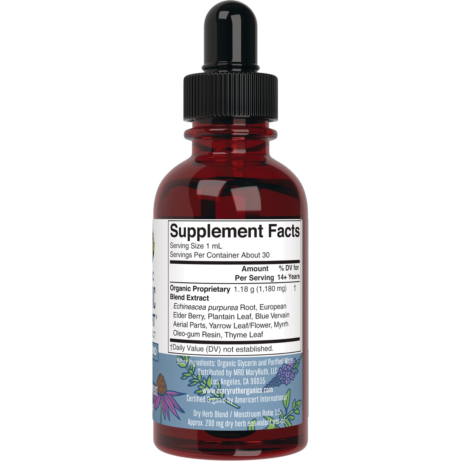 MRR027 | Back label showing Supplement Facts, serving size and ingredient list on amber dropper bottle