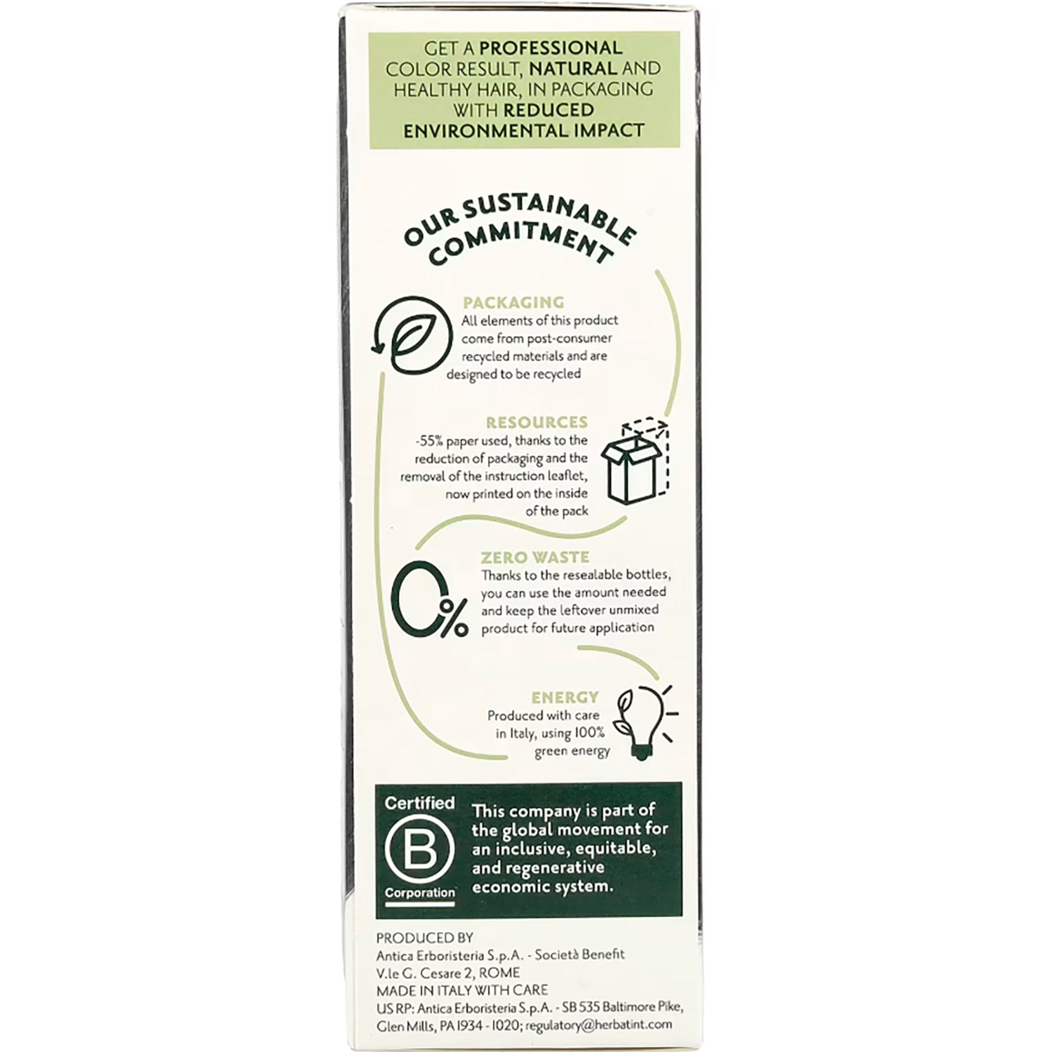 HBT008 | Back panel showing sustainable commitment with packaging, zero waste, energy info and Certified B Corporation badge