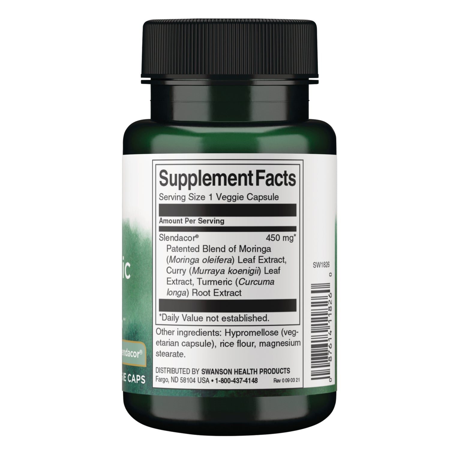 SW1826 | Back label with Supplement Facts, serving size 1 veggie capsule, Slendacor patented blend 450 mg