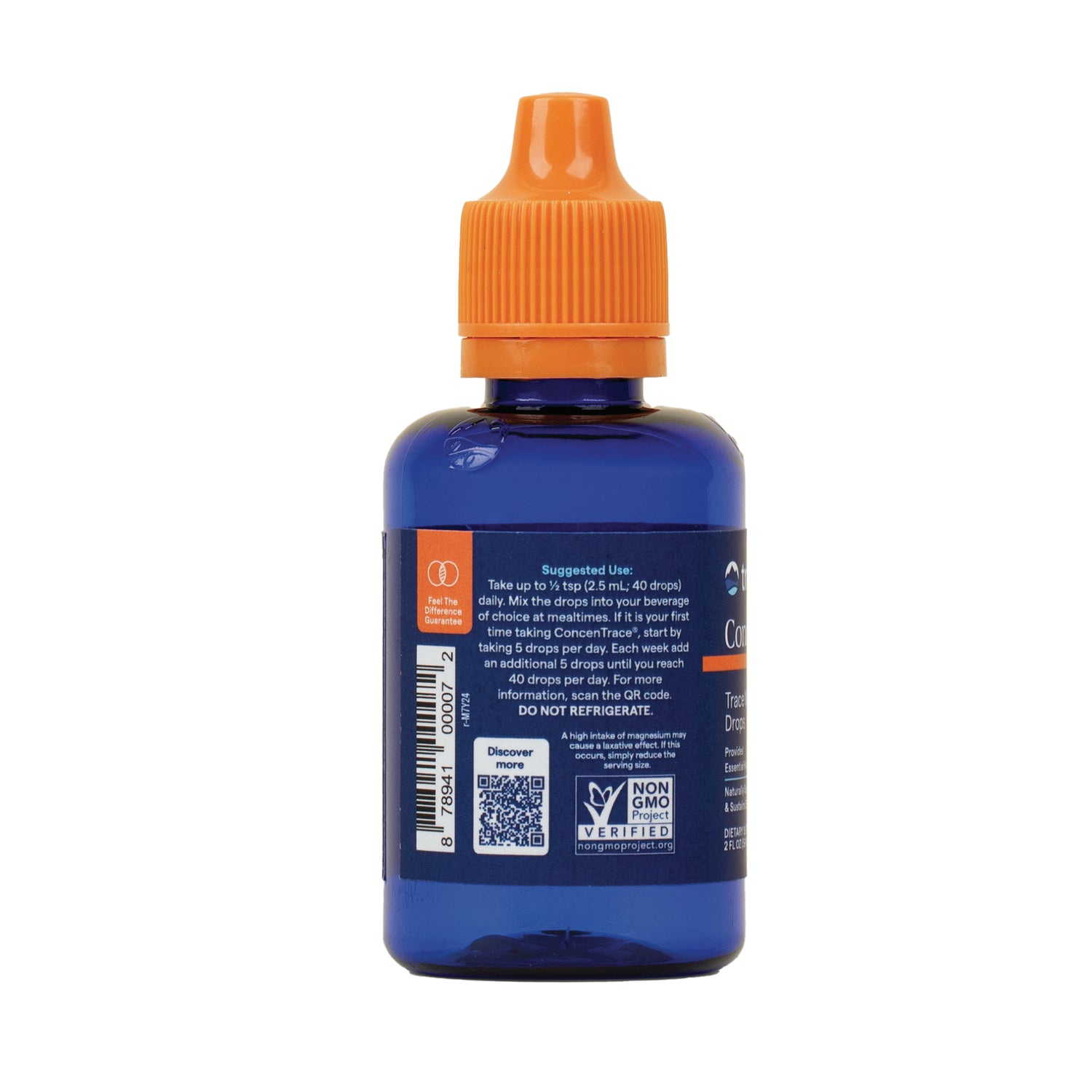 TM106 | Back of blue dropper bottle with suggested use panel, barcode, QR code, Non-GMO Project Verified logo