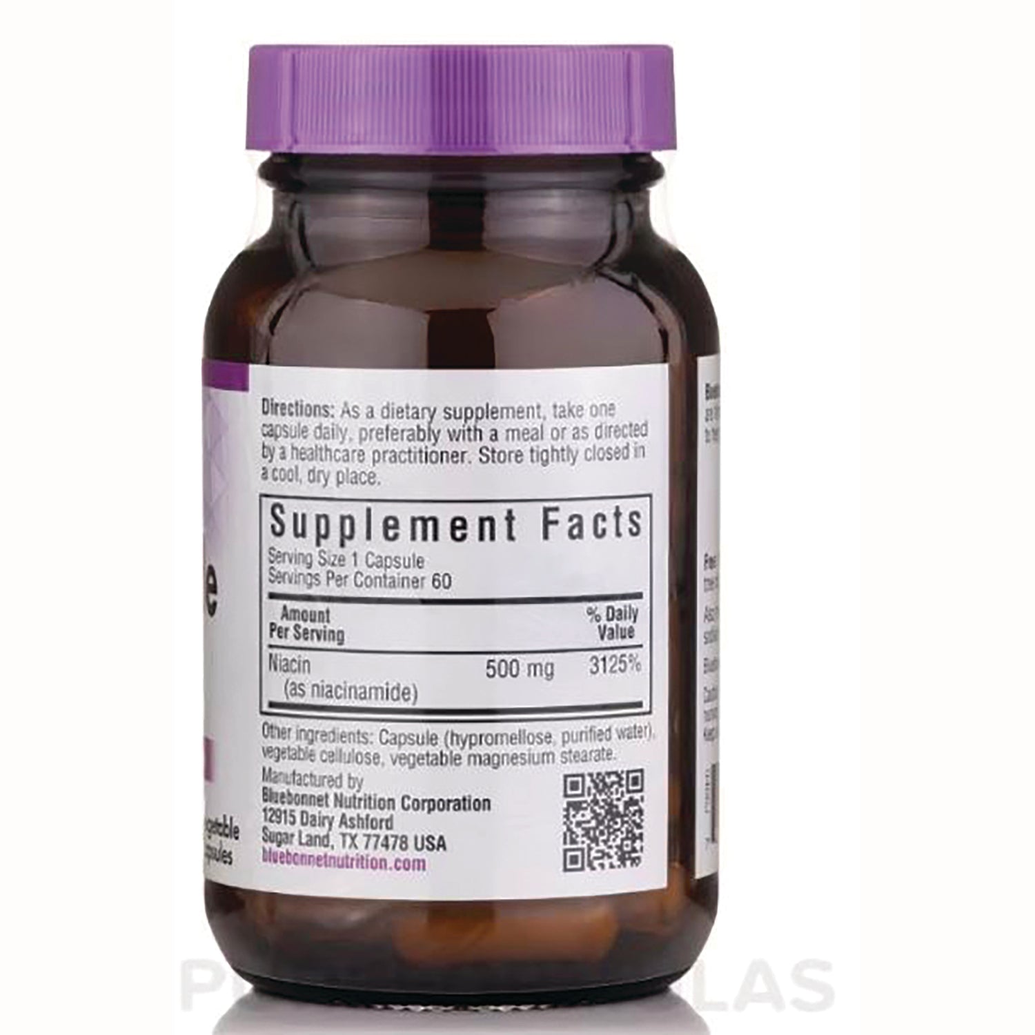 BLU105 | Back of amber bottle showing Supplement Facts label and Niacin 500 mg serving information