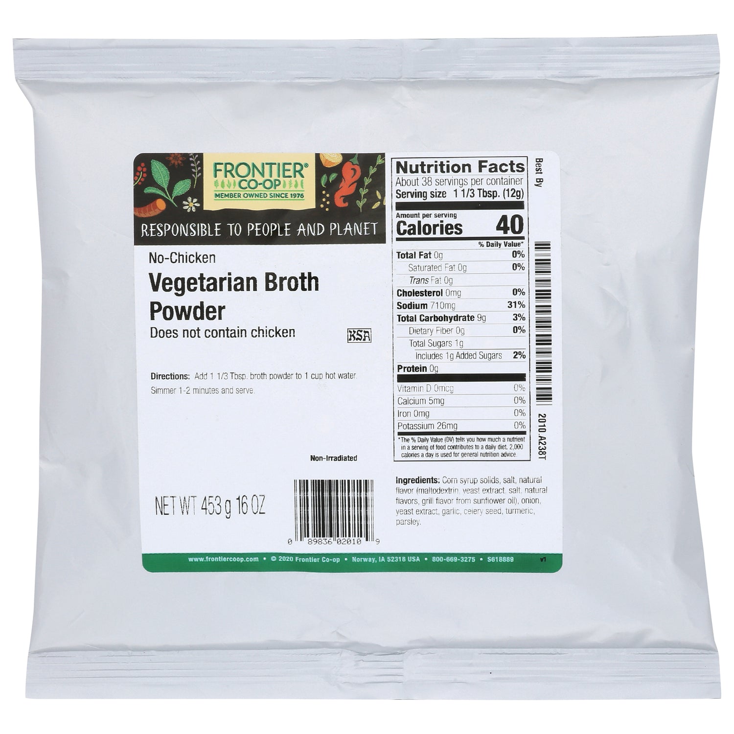 FNP042 | Back of Frontier Co-op Vegetarian Broth Powder package showing nutrition facts, ingredients and net wt 453 g 16 oz
