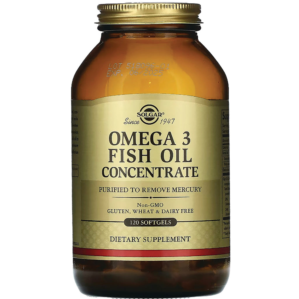 Solgar Omega 3 Fish Oil Concentrate 120 softgels amber glass bottle dietary supplement - Thumbnail