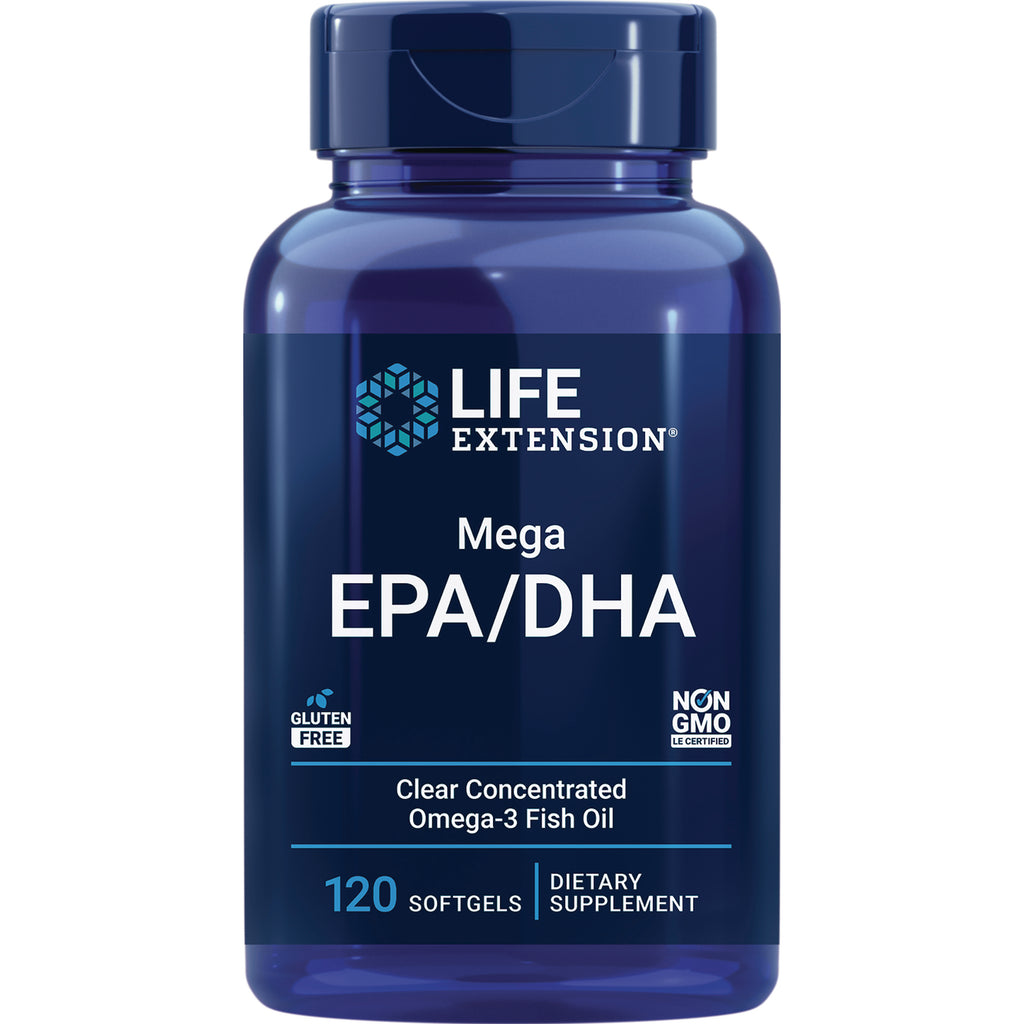 Life Extension Mega EPA/DHA bottle, 120 softgels clear concentrated Omega-3 fish oil - Thumbnail