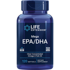 Life Extension Mega EPA/DHA bottle, 120 softgels clear concentrated Omega-3 fish oil