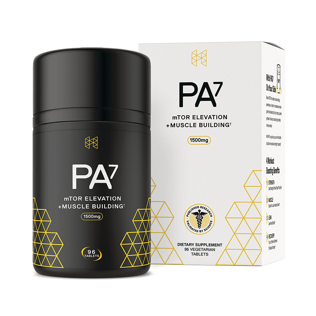 HPN009 | Black supplement jar and white box labeled PA7 mTOR elevation + muscle building 1500mg, 96 vegetarian tablets - Thumbnail