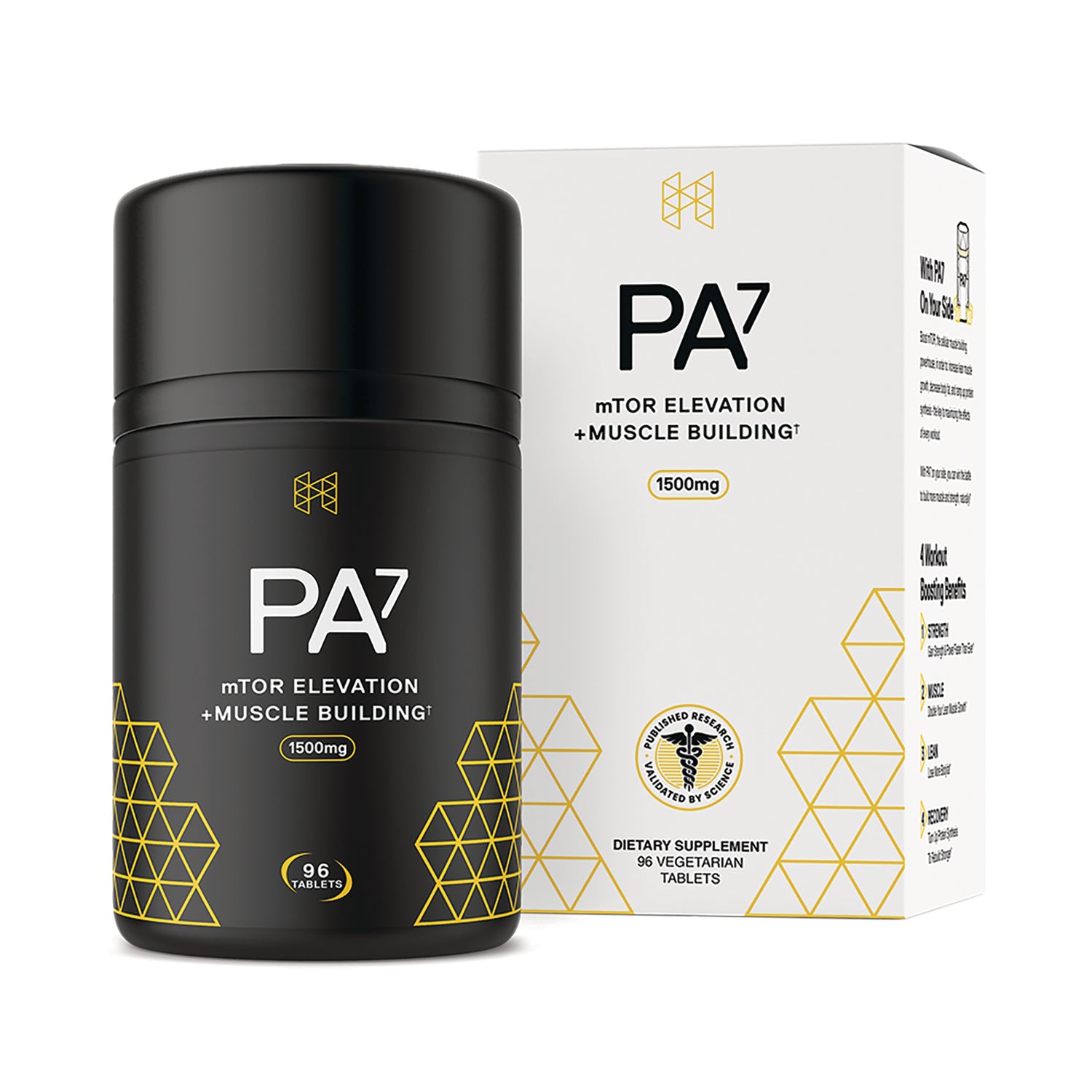 HPN009 | Black supplement jar and white box labeled PA7 mTOR elevation + muscle building 1500mg, 96 vegetarian tablets