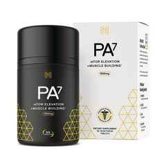 HPN009 | Black supplement jar and white box labeled PA7 mTOR elevation + muscle building 1500mg, 96 vegetarian tablets