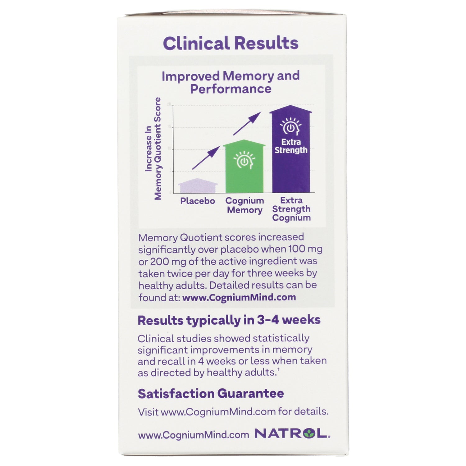 NA614 | Product infographic showing clinical results bar chart and text about improved memory and typical results timeline