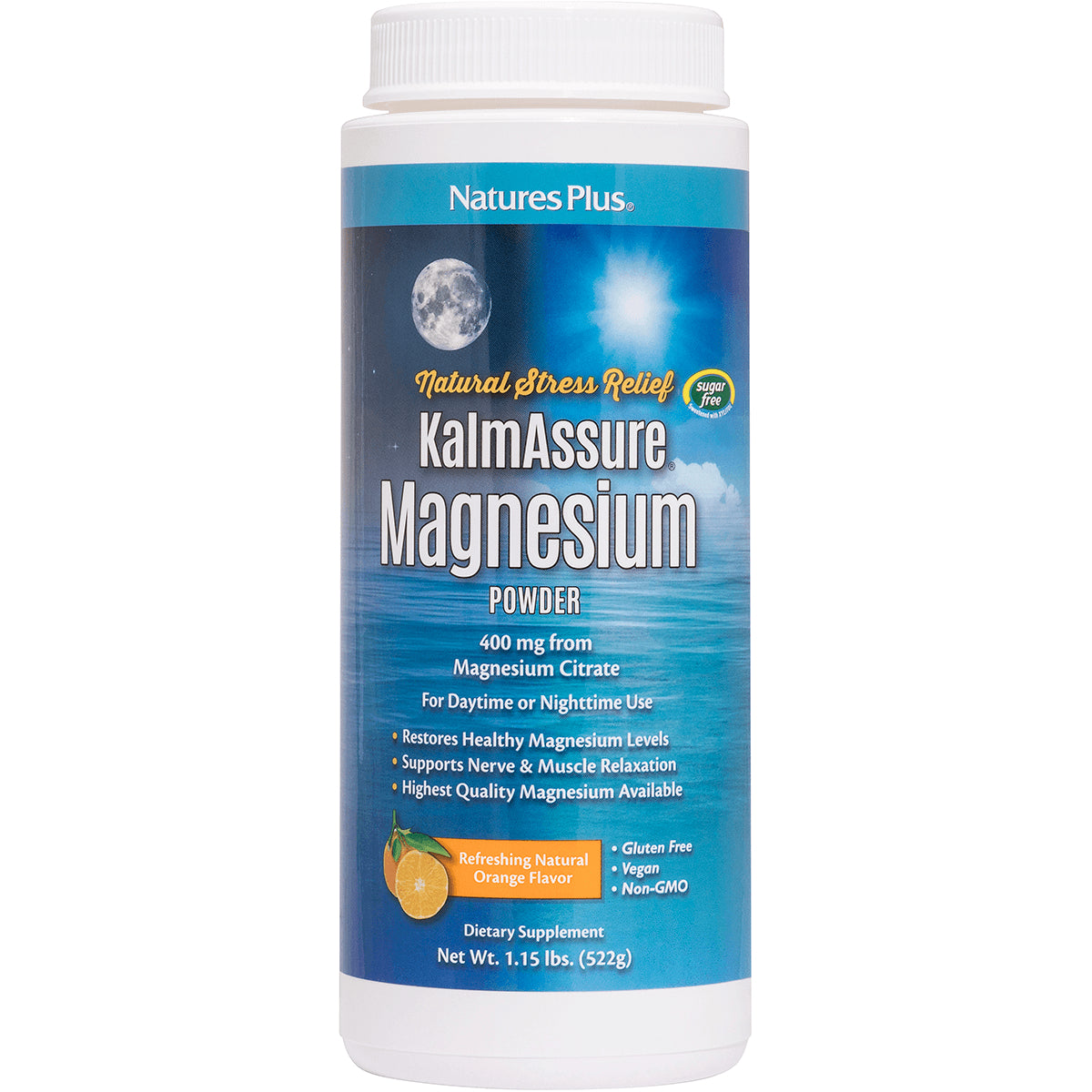 NTP321 | Natures Plus KalmAssure Magnesium powder bottle, refreshing natural orange flavor, front label