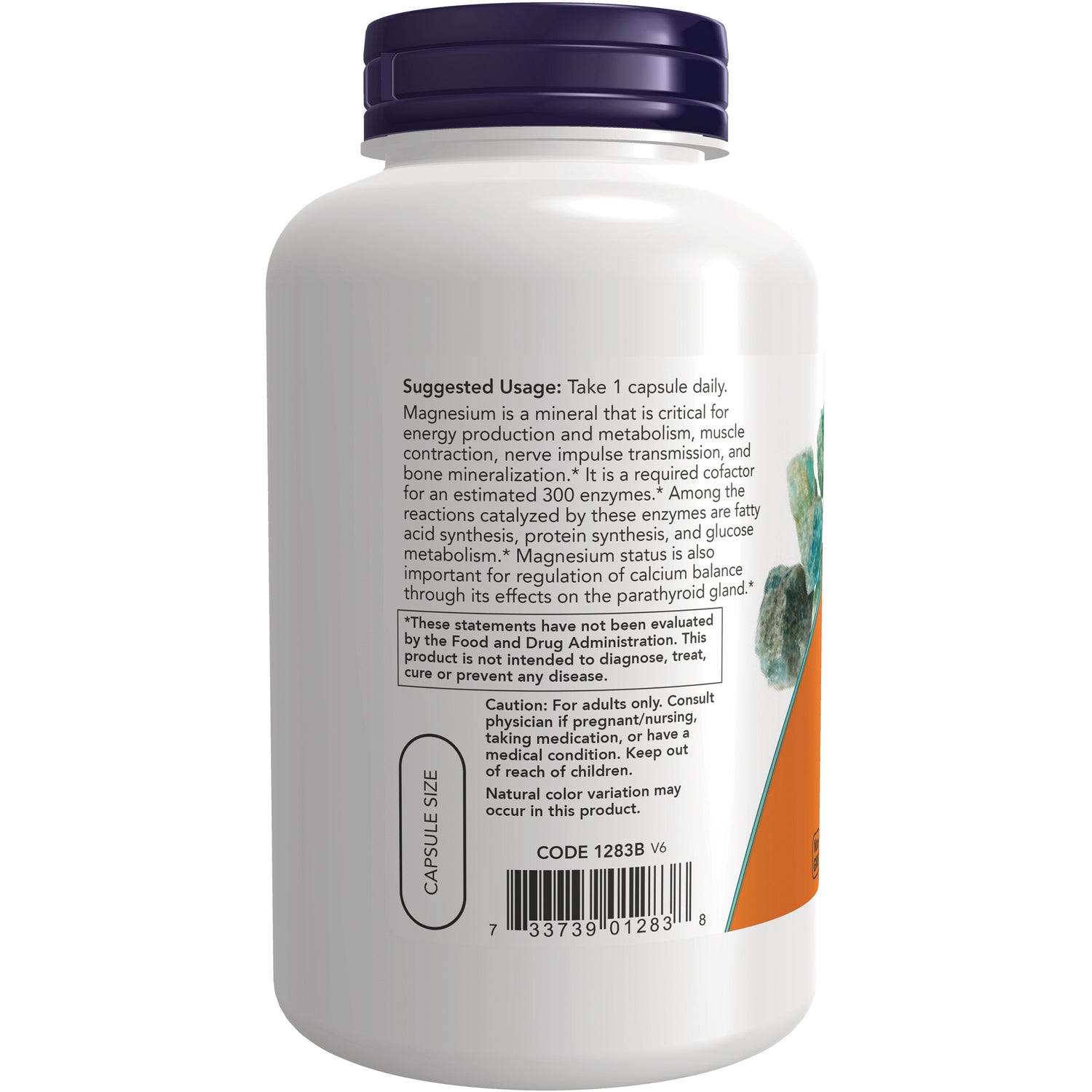 NWF064 | Back of white supplement bottle showing suggested usage text, caution, capsule size label and barcode