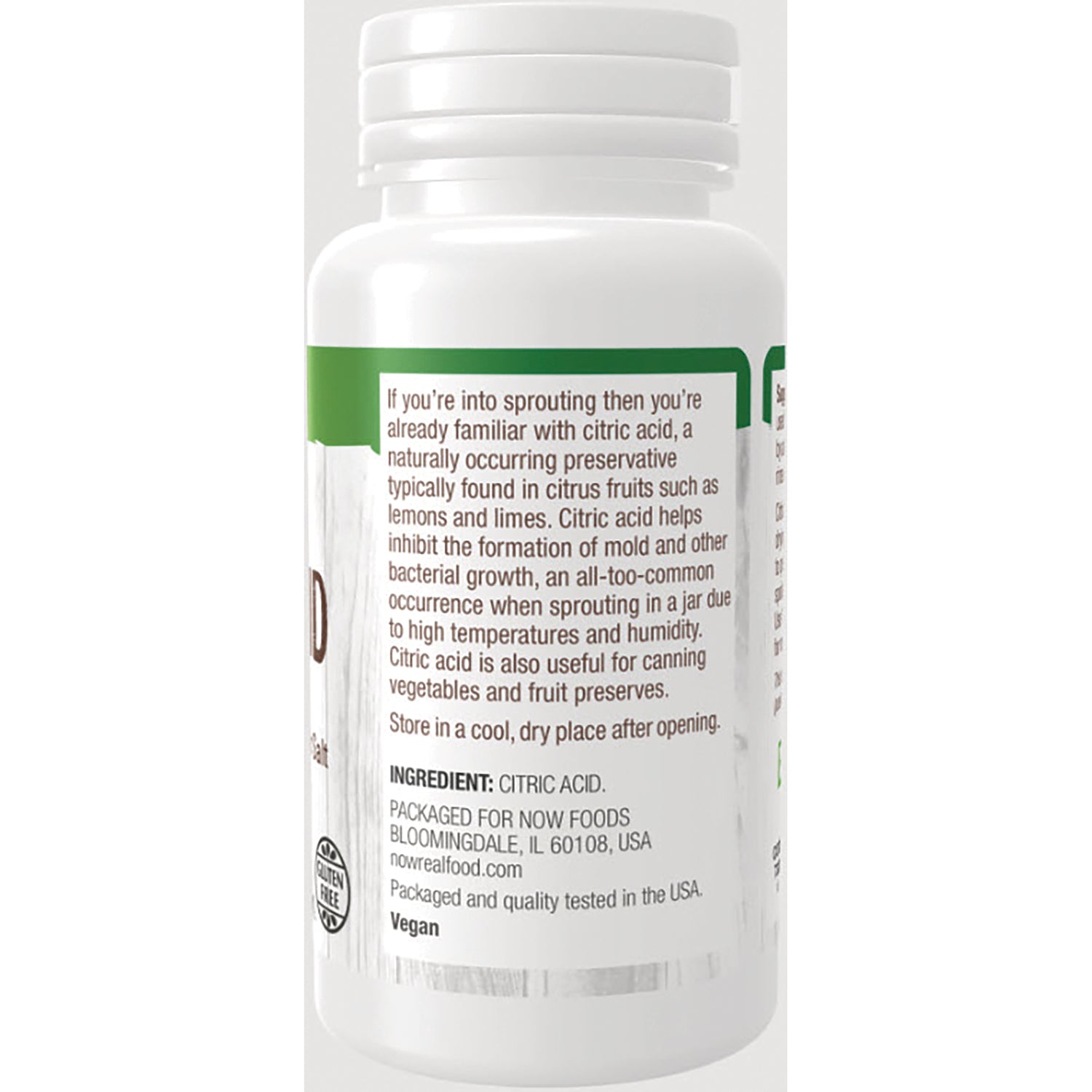 NWF445 | Back label of white supplement bottle showing ingredient CITRIC ACID, packaging info, and storage instructions