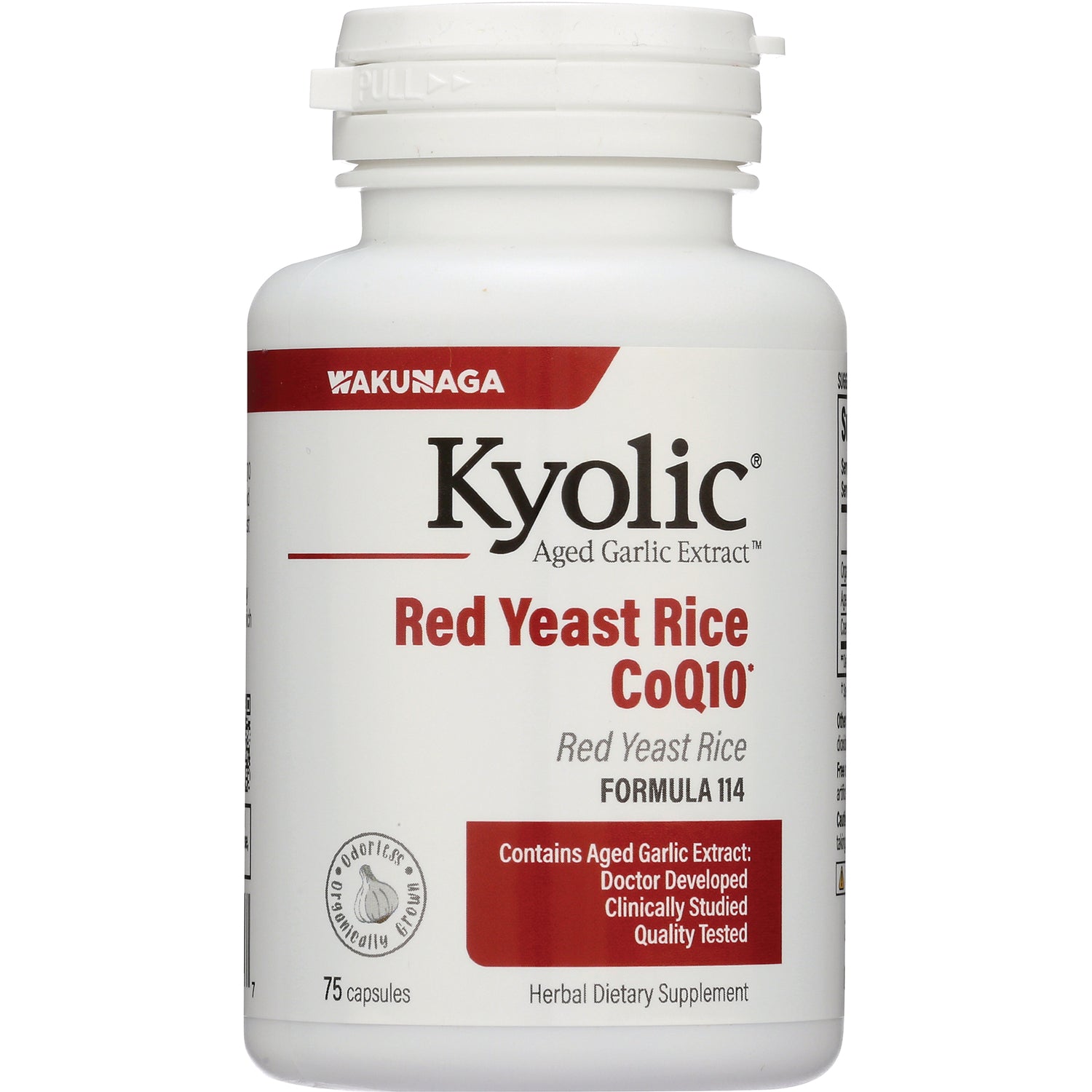 KY116 | Kyolic Red Yeast Rice CoQ10 white supplement bottle front label 75 capsules