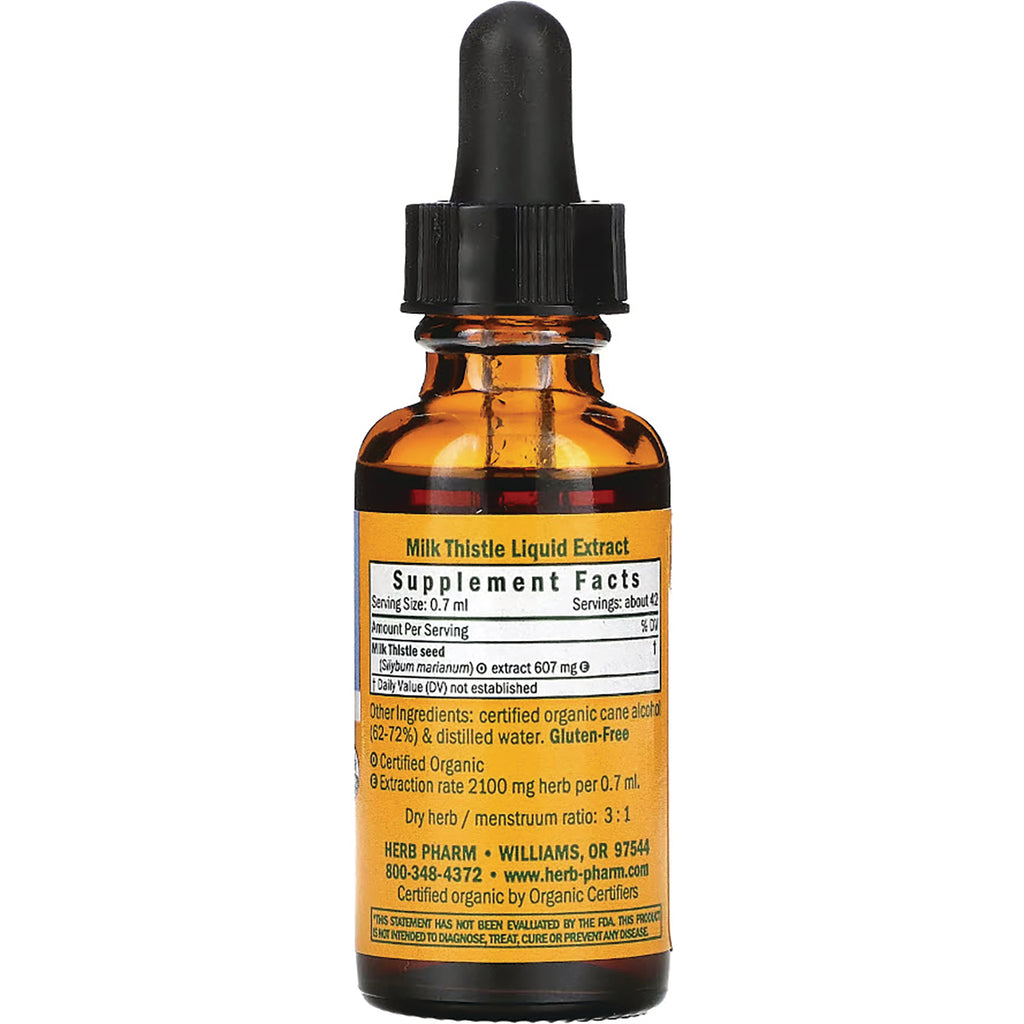 HPH025 | Back of amber dropper bottle showing Supplement Facts label for Milk Thistle Liquid Extract and ingredients - Thumbnail