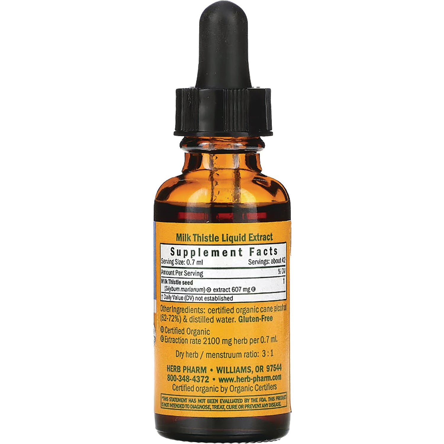 HPH025 | Back of amber dropper bottle showing Supplement Facts label for Milk Thistle Liquid Extract and ingredients