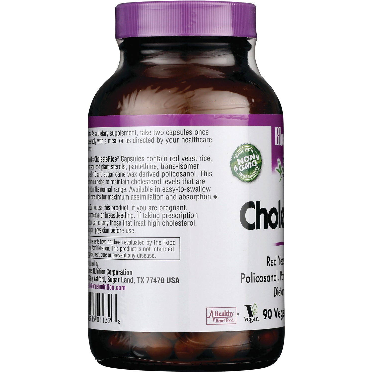 BLU070 | side label of brown supplement bottle showing ingredient text, non-GMO seal and barcode