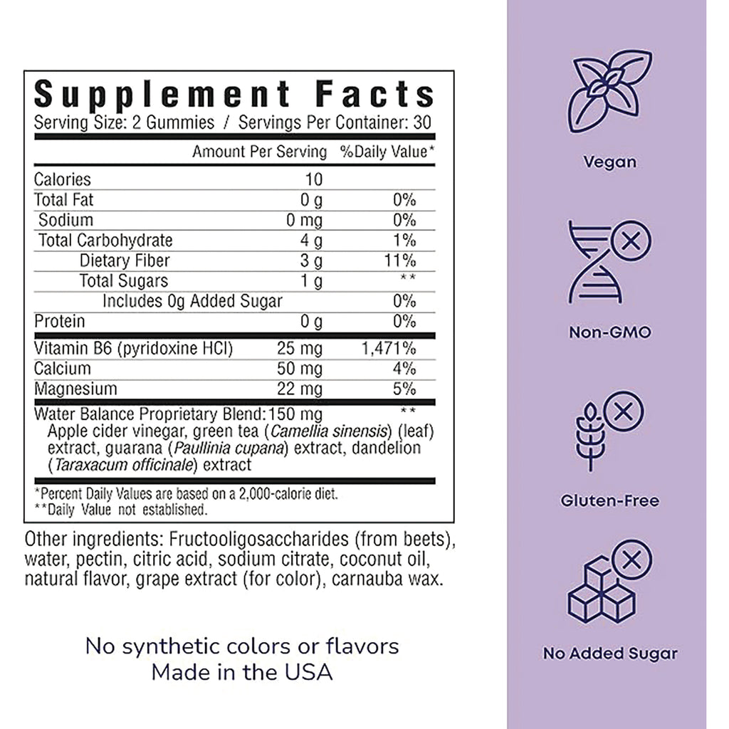 HO004 | Supplement Facts back panel showing serving size 2 gummies, vitamin B6, calcium, proprietary blend and ingredient list with vegan, non-GMO, gluten-free, no added sugar icons - Thumbnail