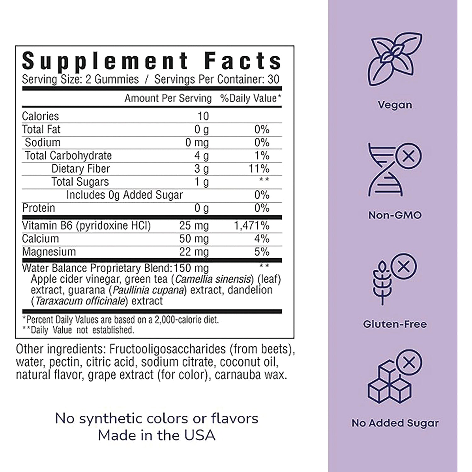 HO004 | Supplement Facts back panel showing serving size 2 gummies, vitamin B6, calcium, proprietary blend and ingredient list with vegan, non-GMO, gluten-free, no added sugar icons