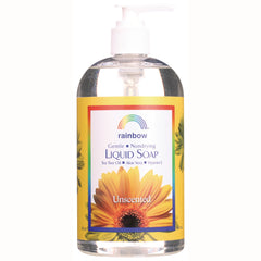 RBR036 | rainbow unscented liquid soap in clear pump bottle with yellow daisy label