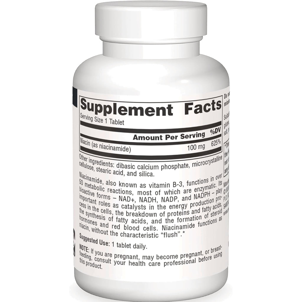 SN899 | Supplement Facts panel showing Niacin (as niacinamide) 100 mg, serving size 1 tablet, and other ingredients - Thumbnail