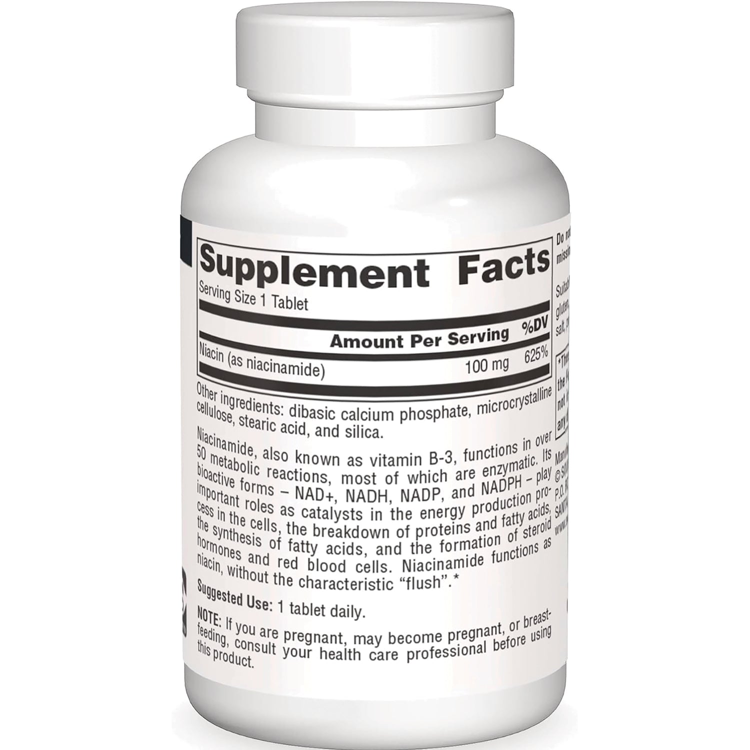 SN899 | Supplement Facts panel showing Niacin (as niacinamide) 100 mg, serving size 1 tablet, and other ingredients