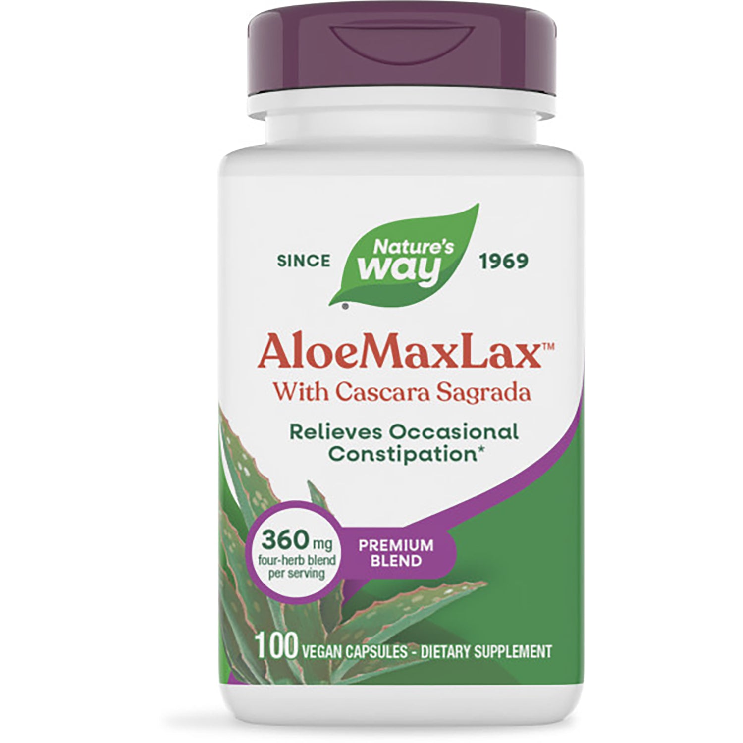 NW714 | Nature's Way ALOEMAXLAX dietary supplement bottle front label 100 vegan capsules 360 mg per serving